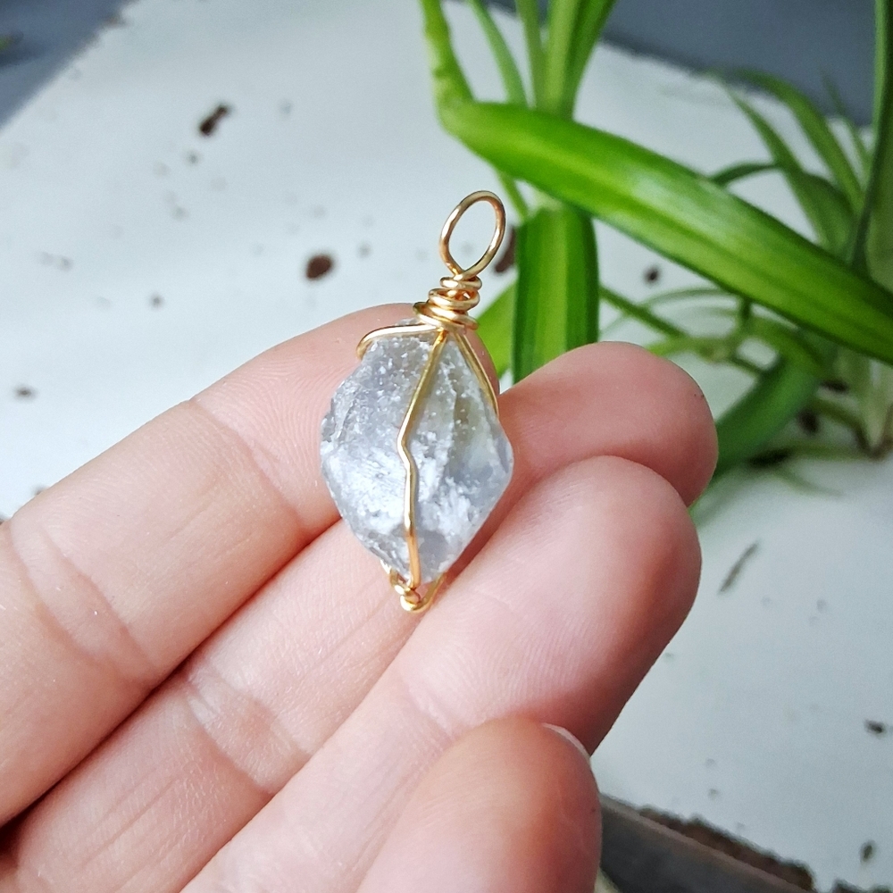 Raw Celestite Crystal Pendant with Gold Wire Wrap